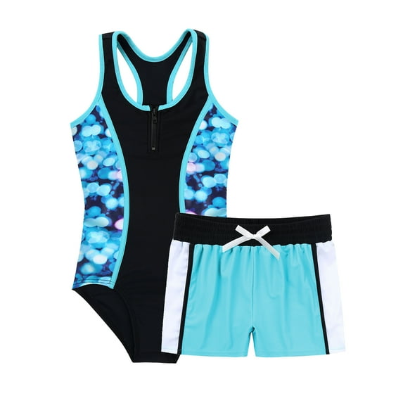 YUUMIN Girls 2 Pcs Tankini Swimsuits Sleeveless Racer Back Tank Leotard with Shorts Athletic Rash Guard Swimwear Blue 10