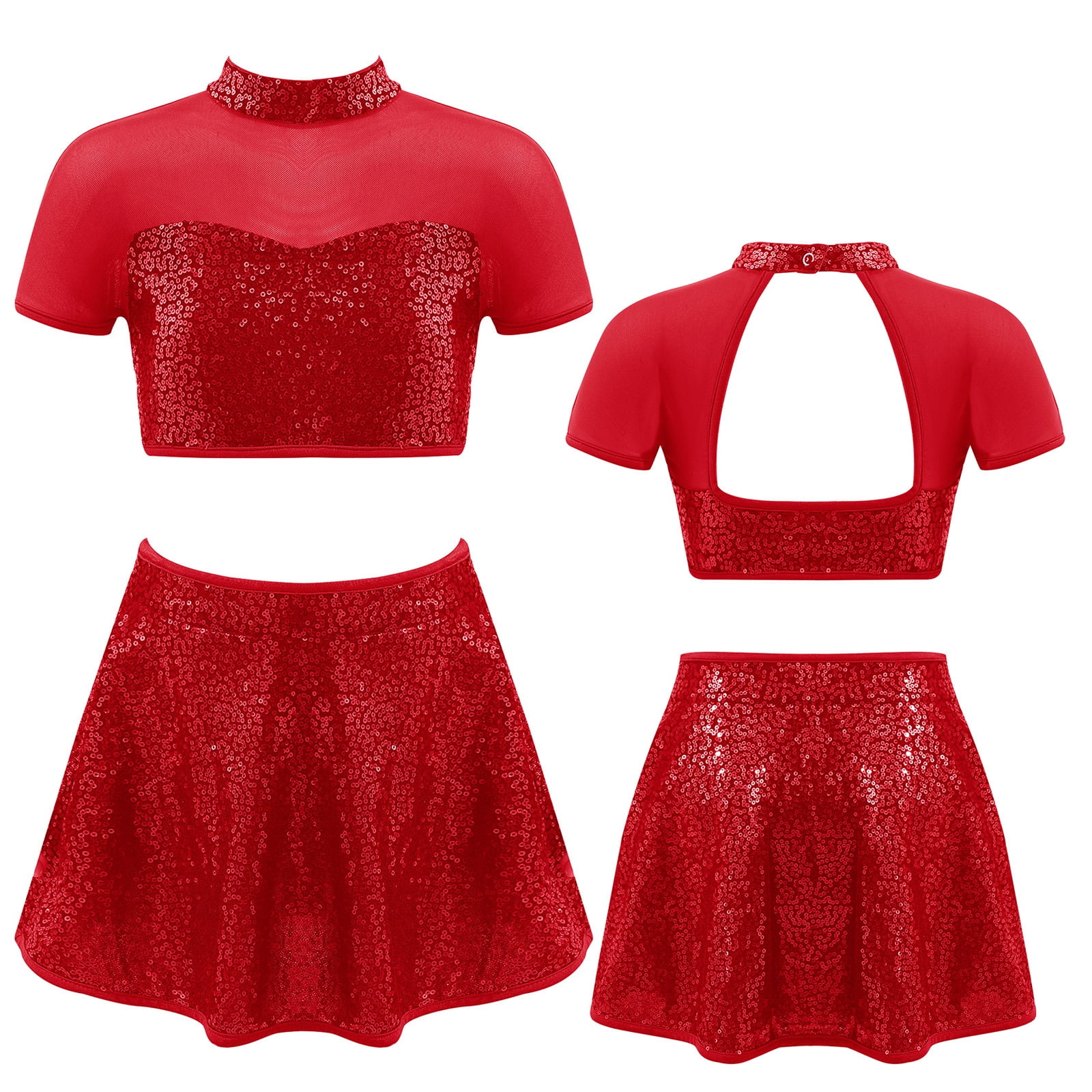 YUUMIN Girls 2 Pieces Shiny Dance Outfits Cheer Leader Crop Top with ...