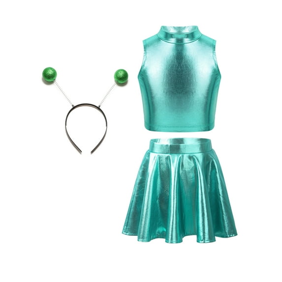 YUUMIN Girls Alien Costume Metallic Crop Top with Pleated Skirts Feeler Outerspace Man Dress-up Lake Blue 12
