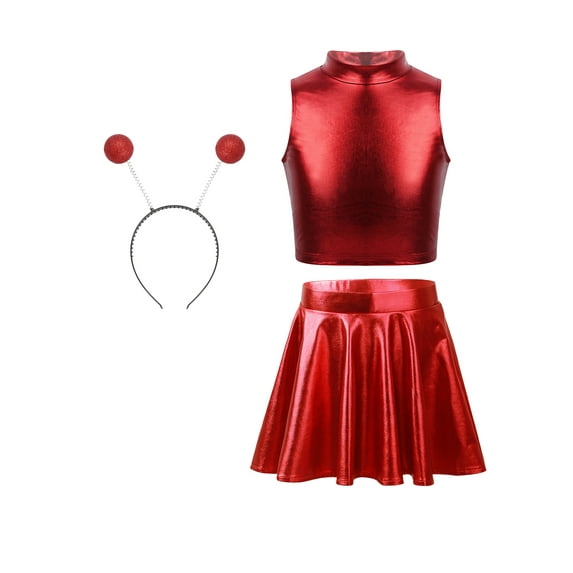 YUUMIN Girls Alien Costume Metallic Crop Top with Pleated Skirts Feeler Outerspace Man Dress-up Red 6