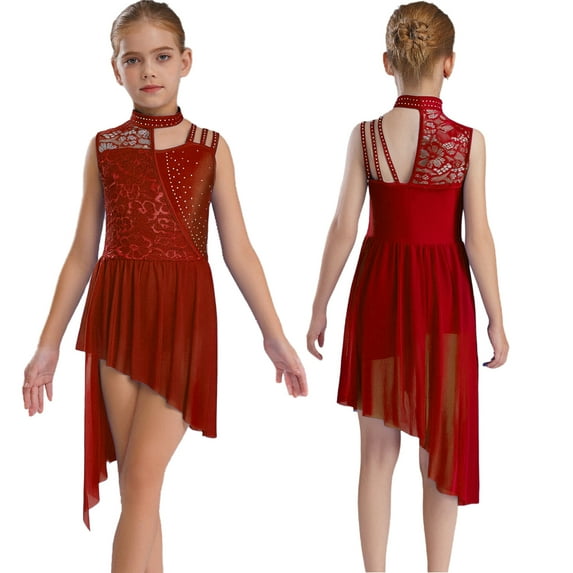 YUUMIN Girls Contemporary Lyrical Dance Outfits Irregular Ballet Leotard Dress Floral Lace Bodice Tutu Skirt Burgundy 8