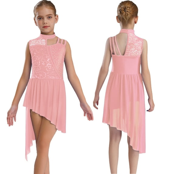 YUUMIN Girls Contemporary Lyrical Dance Outfits Irregular Ballet Leotard Dress Floral Lace Bodice Tutu Skirt Pink 8