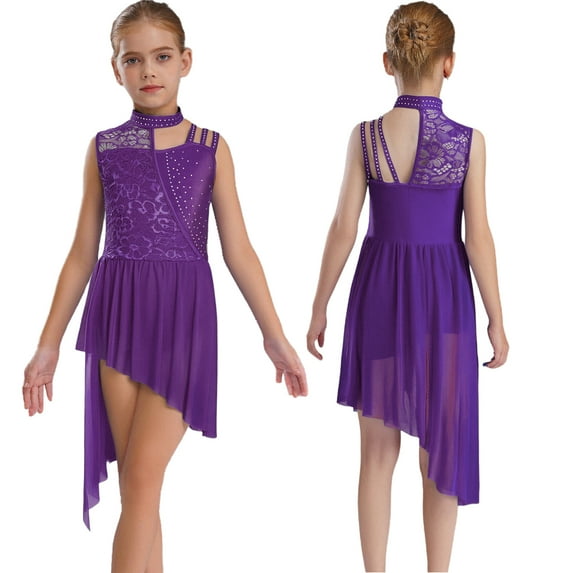 YUUMIN Girls Contemporary Lyrical Dance Outfits Irregular Ballet Leotard Dress Floral Lace Bodice Tutu Skirt Purple 14