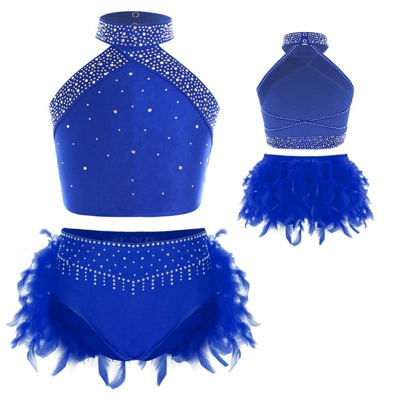 YUUMIN Girls Jazz Latin Dance Outfits Halter Crop Top with Feather Briefs Performance Dancing Clothes Set Blue 16