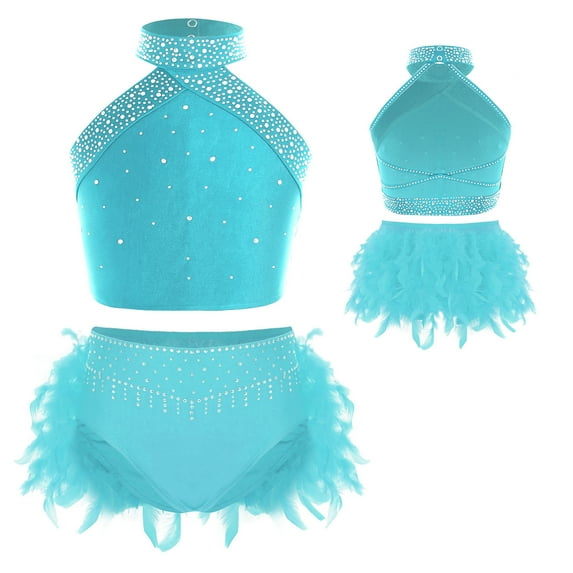 YUUMIN Girls Jazz Latin Dance Outfits Halter Crop Top with Feather Briefs Performance Dancing Clothes Set Blue Green 14