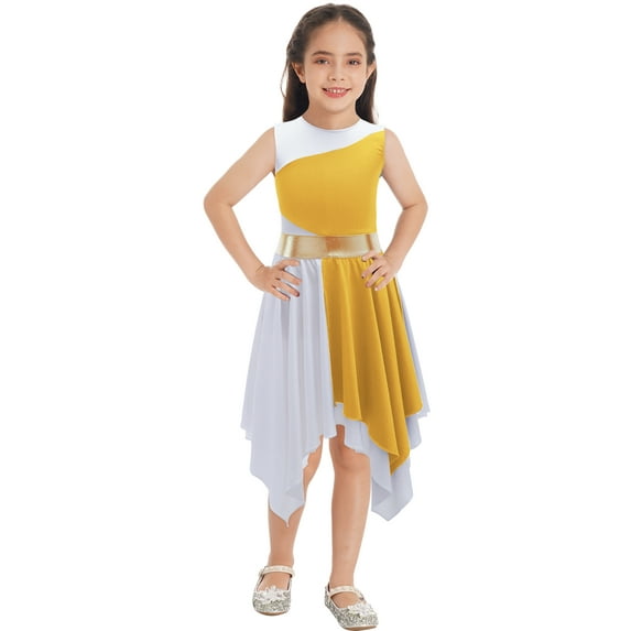 YUUMIN Girls Kids Shiny Sleeveless Asymmetrical Lyrical Dance Dress Ballerina Ballet Dancewear Yellow 8