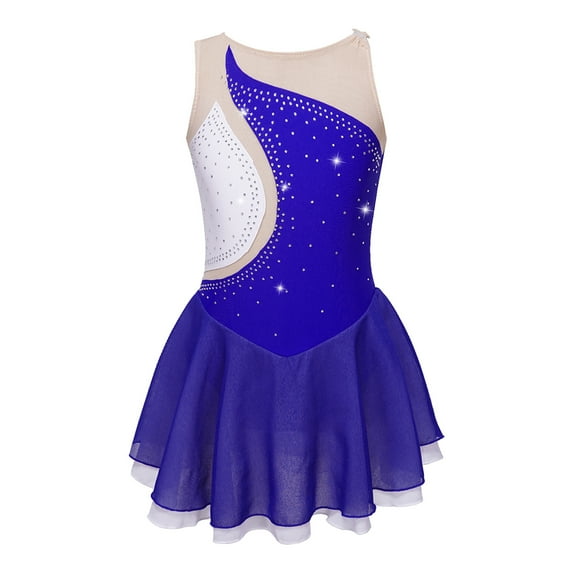 YUUMIN Girls Kids Sleeveless Skating Dance Dress Child Rhinestone Patchwork Stage Competition Fancy Royal Blue 16