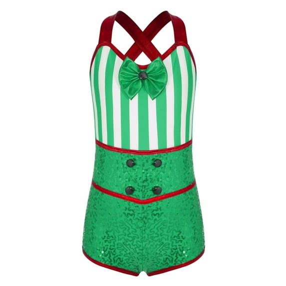 YUUMIN Girls Little Santa One Piece Jumpsuits Sequins X Back Dance Bodysuits Green 16