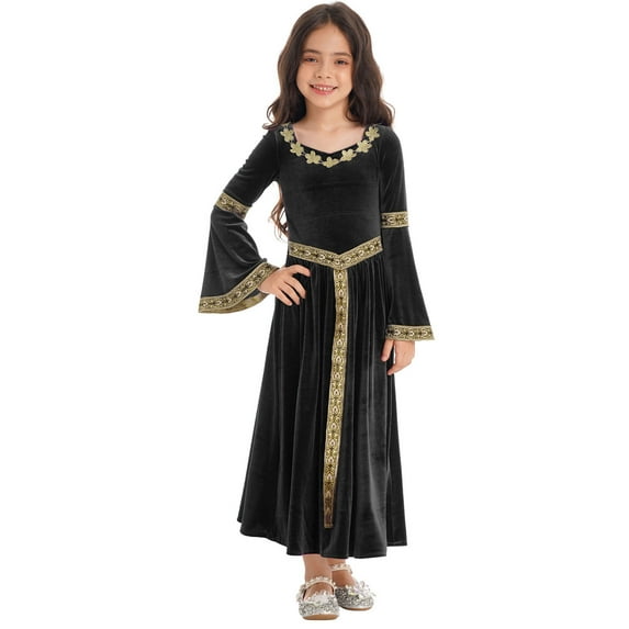 YUUMIN Girls Medieval Victorian Maiden Halloween Dress-up Velvet Long Bell Sleeve Maxi Robe Princess Dress Black 10