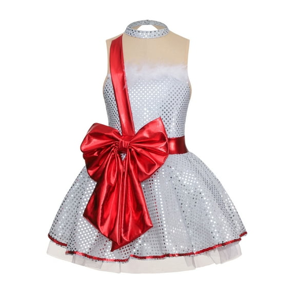 YUUMIN Girls Miss Santa Dance Dress Sequins Gift Bowknot Festival Dancewear School Party Gown White 8