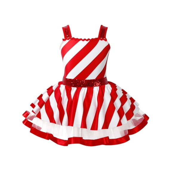 YUUMIN Girls Miss Santa Dance Dress Wide Straps Candy Cane Tutu Party Gown Red 4