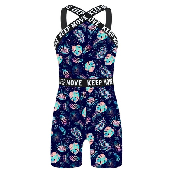 YUUMIN Girls Printed One Piece Boyleg Swimsuits Halter Neck Gymnastics Unitard Swim Bodysuits Navy Blue Plants 12
