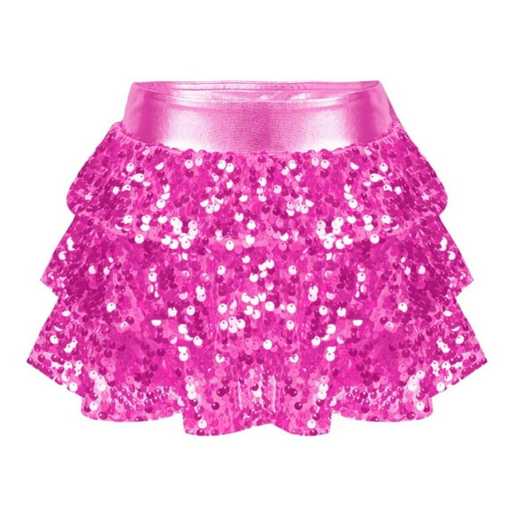 YUUMIN Girls Sequin Skirt Kids Elastic Waistband Sparkly Party Dance Ballet Mini Tiered Ruffle Cake Skirt Hot Pink 14