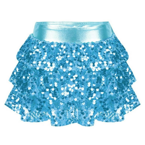 YUUMIN Girls Sequin Skirt Kids Elastic Waistband Sparkly Party Dance Ballet Mini Tiered Ruffle Cake Skirt Light Blue 10