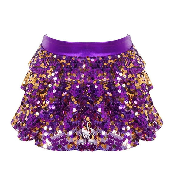 YUUMIN Girls Sequin Skirt Kids Elastic Waistband Sparkly Party Dance Ballet Mini Tiered Ruffle Cake Skirt Purple 6