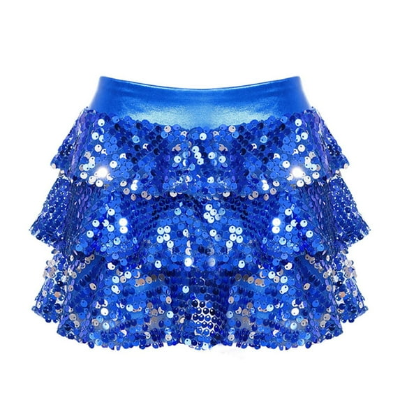 YUUMIN Girls Sequin Skirt Kids Elastic Waistband Sparkly Party Dance Ballet Mini Tiered Ruffle Cake Skirt Royal Blue 4