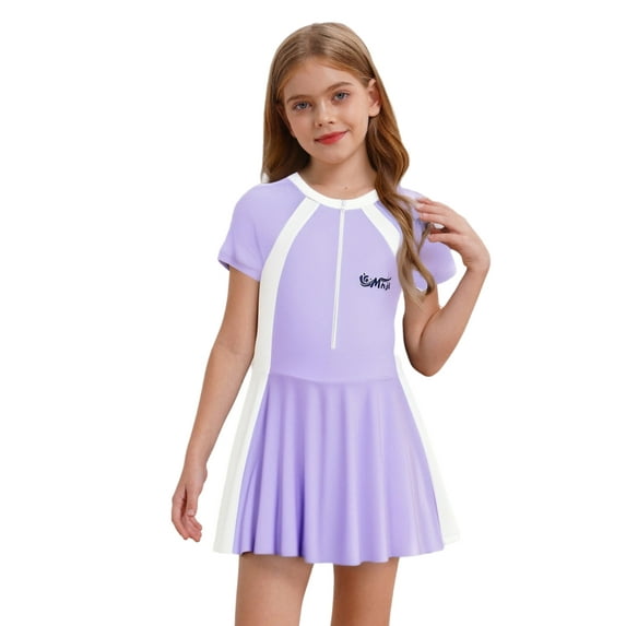 YUUMIN Girls Short Sleeve Swim Dress Front Zippy Padded Swimsuit UPF50+ Rash Guard Swimwear Purple 130/M
