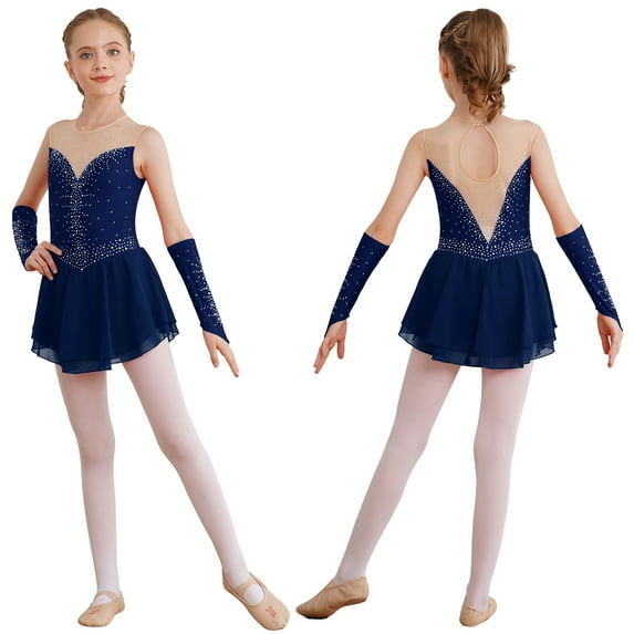 YUUMIN Girls Sleeveless Ice Skating Dress Kids Gymnastics Leotard Ballet Dance Dress with Gloves Outfits Navy Blue 6