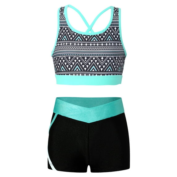 YUUMIN Girls Tankini Set Kids 2 Piece Swimsuit Sports Crop Top with Boyshorts Swimming Costume Geometric Black 14