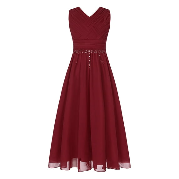 YUUMIN Kid Girls Chiffon Formal Dress Beaded Junior Bridesmaid Dress V Neck Party Gown Burgundy 12