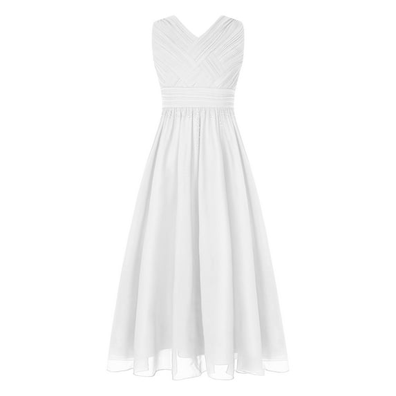 YUUMIN Kid Girls Chiffon Formal Dress Beaded Junior Bridesmaid Dress V Neck Party Gown Ivory 10