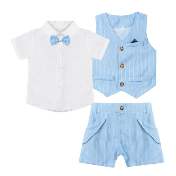 YUUMIN Kids Baby Boy Formal Suit Short Sleeve Dress Shirt with Short Vest Set Wedding Birthday Outfit Sky Blue 130