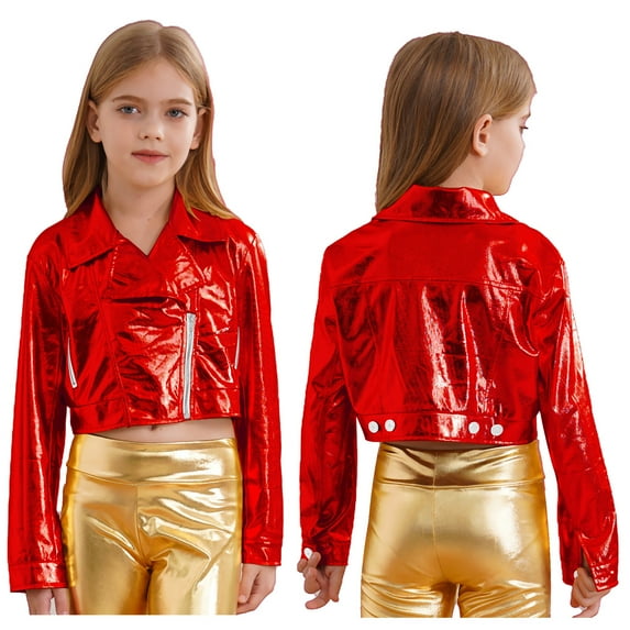 YUUMIN Kids Boys Girls Modern Dance Jacket Coat Carnival Party Metallic Bomber Zipper Outerwear Jacket Red 12