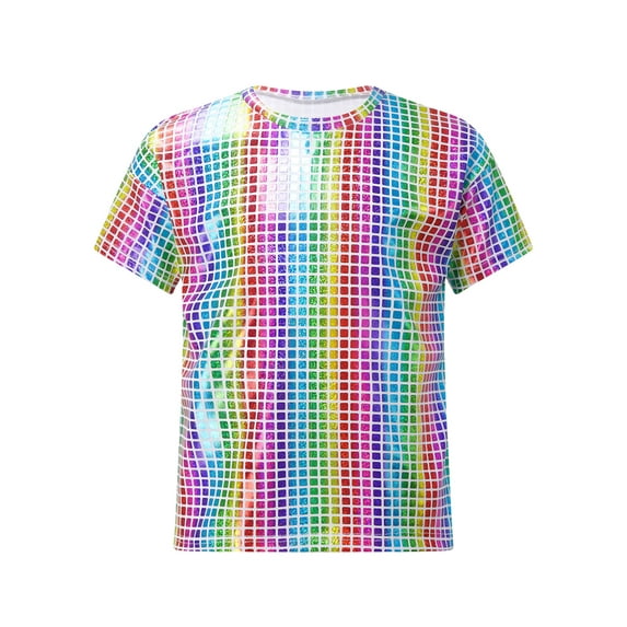 YUUMIN Kids Boys Girls Sparkly Sequin Dance Tops Round Neck Short Sleeve T-Shirts Stage Performance Colorful 160