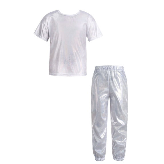 YUUMIN Kids Boys Hip Hop Jazz Dance Outfits Girls Sequins Dance Tops with Pants 2 Pieces Disco Party Silver 130
