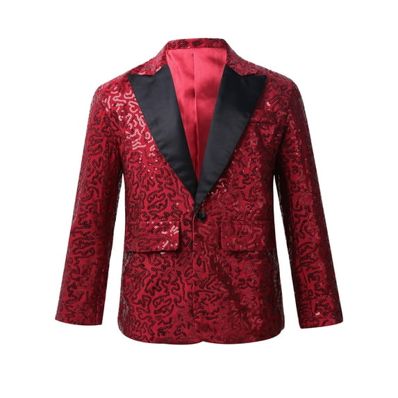 YUUMIN Kids Boys Sequins One Button Blazer Wedding Prom Tuxedo Jacket Formal Dinner Banquet Dress-up Burgundy 8