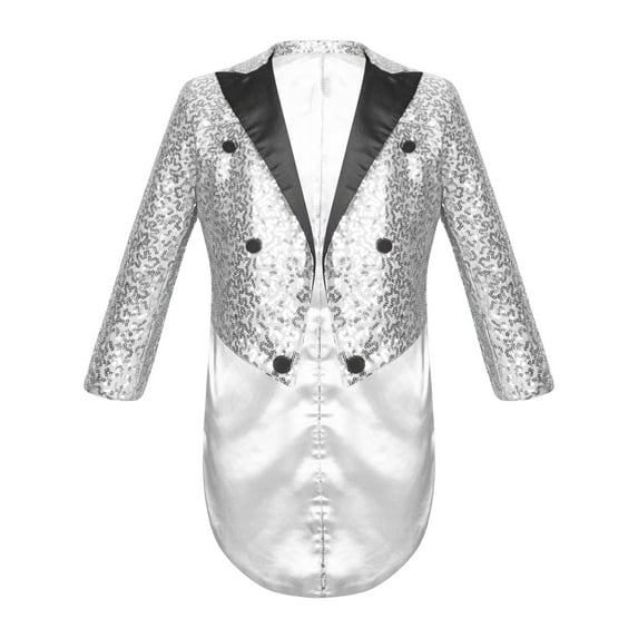 YUUMIN Kids Boys Sequins Tuxedo Jacket Suit Tailcoat Swallowtail Blazer Wedding Pageant Birthday Silver 8