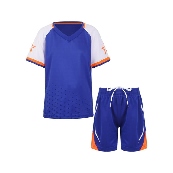 YUUMIN Kids Boys V-Neck Short Sleeve T-Shirt and Mesh Shorts Active Set 2 Piece Basketball Football Blue S