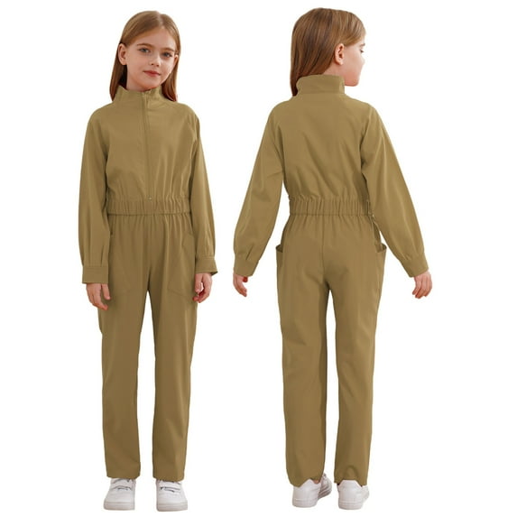 YUUMIN Kids Coveralls for Girls Mechanic Boiler Suit Casual Jumpsuit with Pockets One Piece Romper Overalls Khaki 6