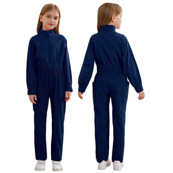 YUUMIN Kids Coveralls for Girls Mechanic Boiler Suit Casual Jumpsuit with Pockets One Piece Romper Overalls Navy Blue 10