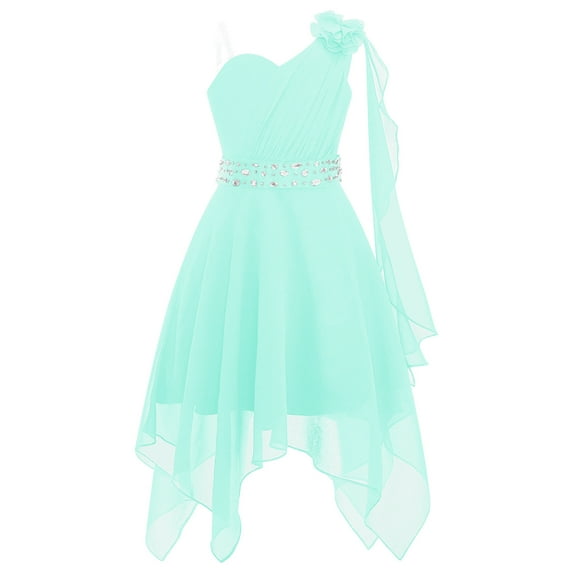 YUUMIN Kids Flower Girls One Shoulder Dress Irregular Wedding Pageant Dresses Evening Party Prom Ball Mint Green 8