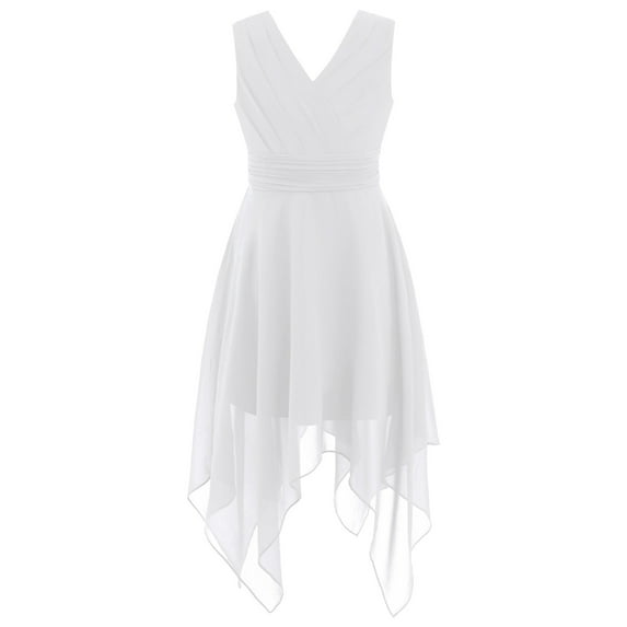 YUUMIN Kids Girl's Sleeveless Junior Bridesmaid Wedding Dress Asymmetrical Dance Prom Pleated Chiffon White 12