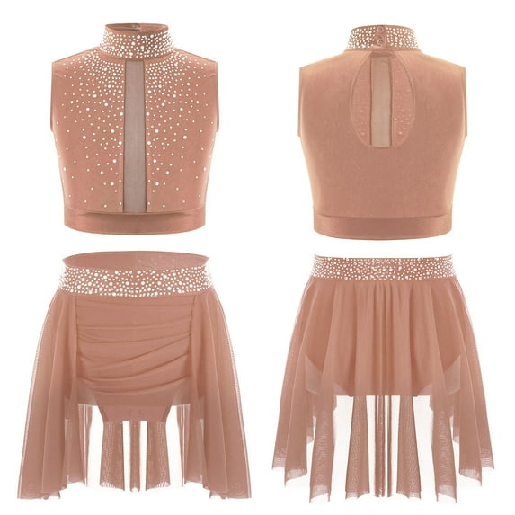 YUUMIN Kids Girls 2-Piece Lyrical Dance Costumes Rhinestones Crop Top with Skirted Leotard Ballet Dance Outfit Dusty Pink 10