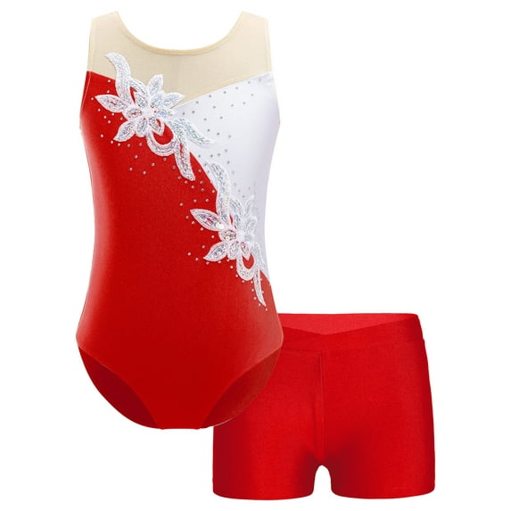 YUUMIN Kids Girls 2 Pieces Ballet Dance Outfits Gymnastics Leotard with Metallic Booty Shorts Red 4