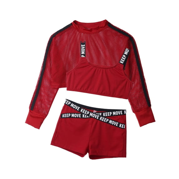 YUUMIN Kids Girls 3 Pcs Gymnastics Dance Swim Active Sets Mesh Crop Top Sports Bra with Shorts Jazz Hiphop Sweatsuits Red 12