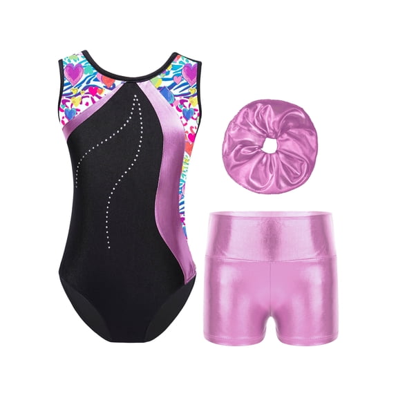 YUUMIN Kids Girls 3Pcs Sleeveless Gymnastics Ballet Leotard with Shorts Headband Set Dance Workout Pink 14