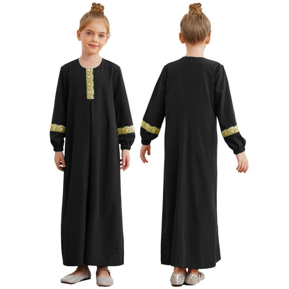 YUUMIN Kids Girls Abaya Muslim Dresses Round Neck Maxi Dress Prayer Clothes Robe Islamic Praisewear Black 10