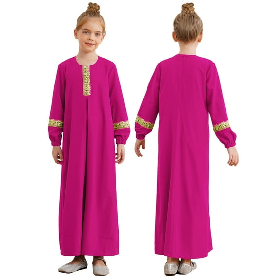 YUUMIN Kids Girls Abaya Muslim Dresses Round Neck Maxi Dress Prayer Clothes Robe Islamic Praisewear Hot Pink 10