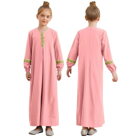 YUUMIN Kids Girls Abaya Muslim Dresses Round Neck Maxi Dress Prayer Clothes Robe Islamic Praisewear Pink 12
