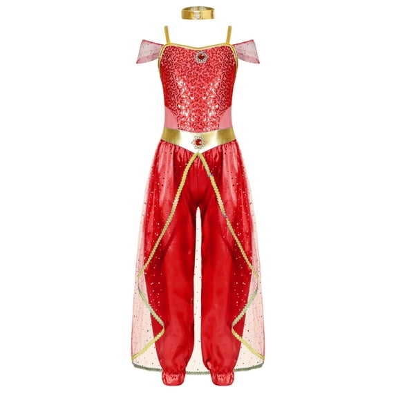 YUUMIN Kids Girls Arabian Princess Belly Dancewear Sequins Off Shoulder One Piece Jumpsuits for Party Red 12