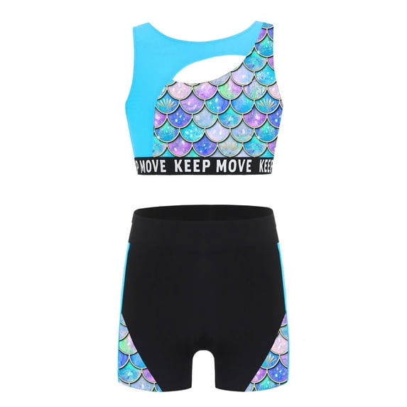 YUUMIN Kids Girls Athletic Crop Top with Shorts Swimsuits Tankini Gymnastics Dance 2 Pcs Active Sets Sky Blue 10