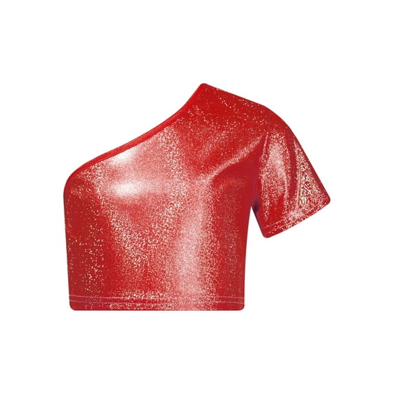 YUUMIN Kids Girls Boys Jazz Hip-hop Dance Top One Shoulder Metallic Crop Top T-Shirt Stage Red 140