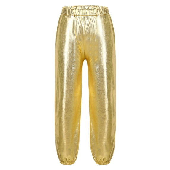 YUUMIN Kids Girls Boys Metallic Harem Dance Pants Loose Fit Sweatpants Modern Jazz Hiphop Disco Trousers Gold 14