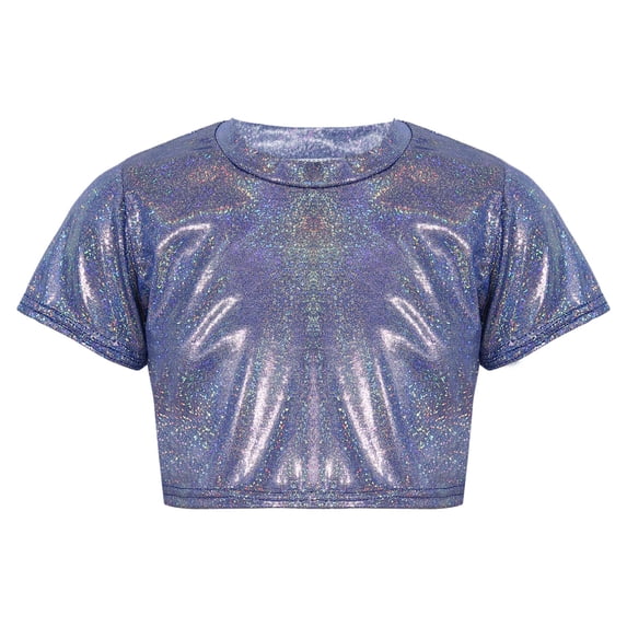 YUUMIN Kids Girls Boys Shiny Metallic Dance Crop Tops Short Sleeves Stretch Shirt Jazz Hip Hop Dance Blue 170