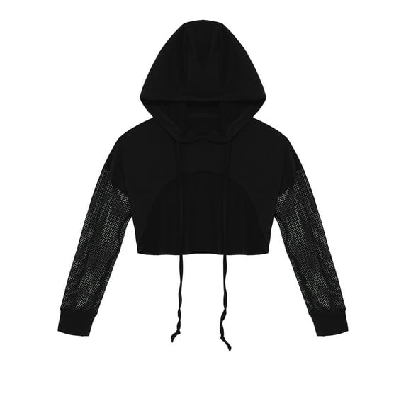 YUUMIN Kids Girls Breathable Mesh Hoodie Crop Top Modern Jazz Hiphop Street Dance Cover Up Black 16