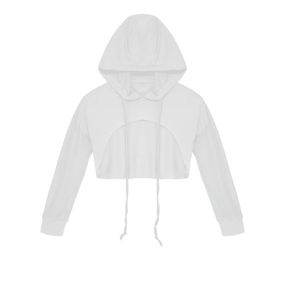 YUUMIN Kids Girls Breathable Mesh Hoodie Crop Top Modern Jazz Hiphop Street Dance Cover Up White 14